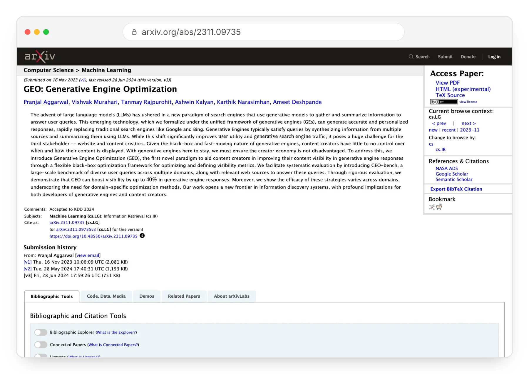Capture de la page arXiv de la publication GEO: Generative Engine Optimization.