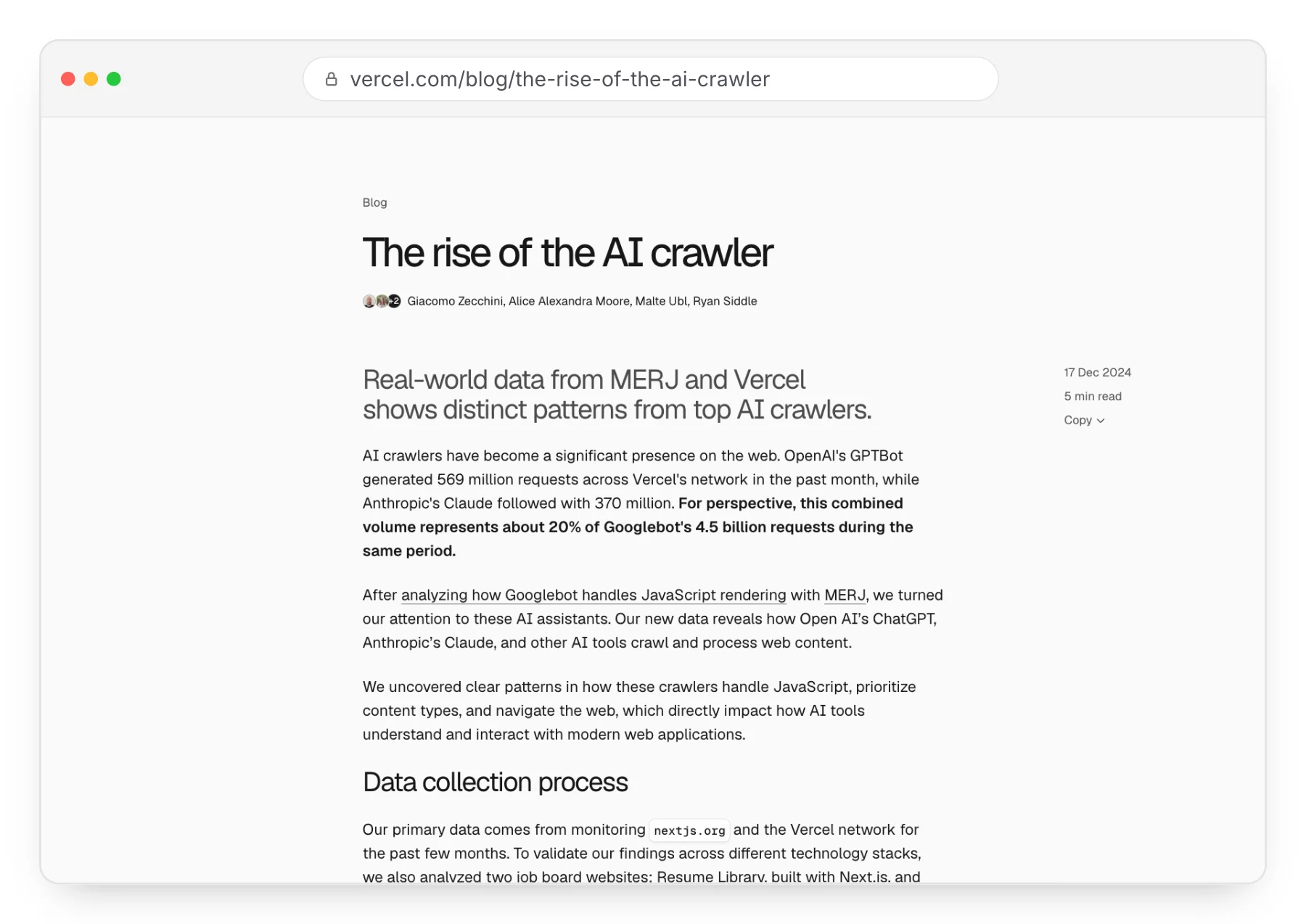 Capture de l'article de Vercel The rise of the AI crawler, qui analyse le comportement des robots IA.