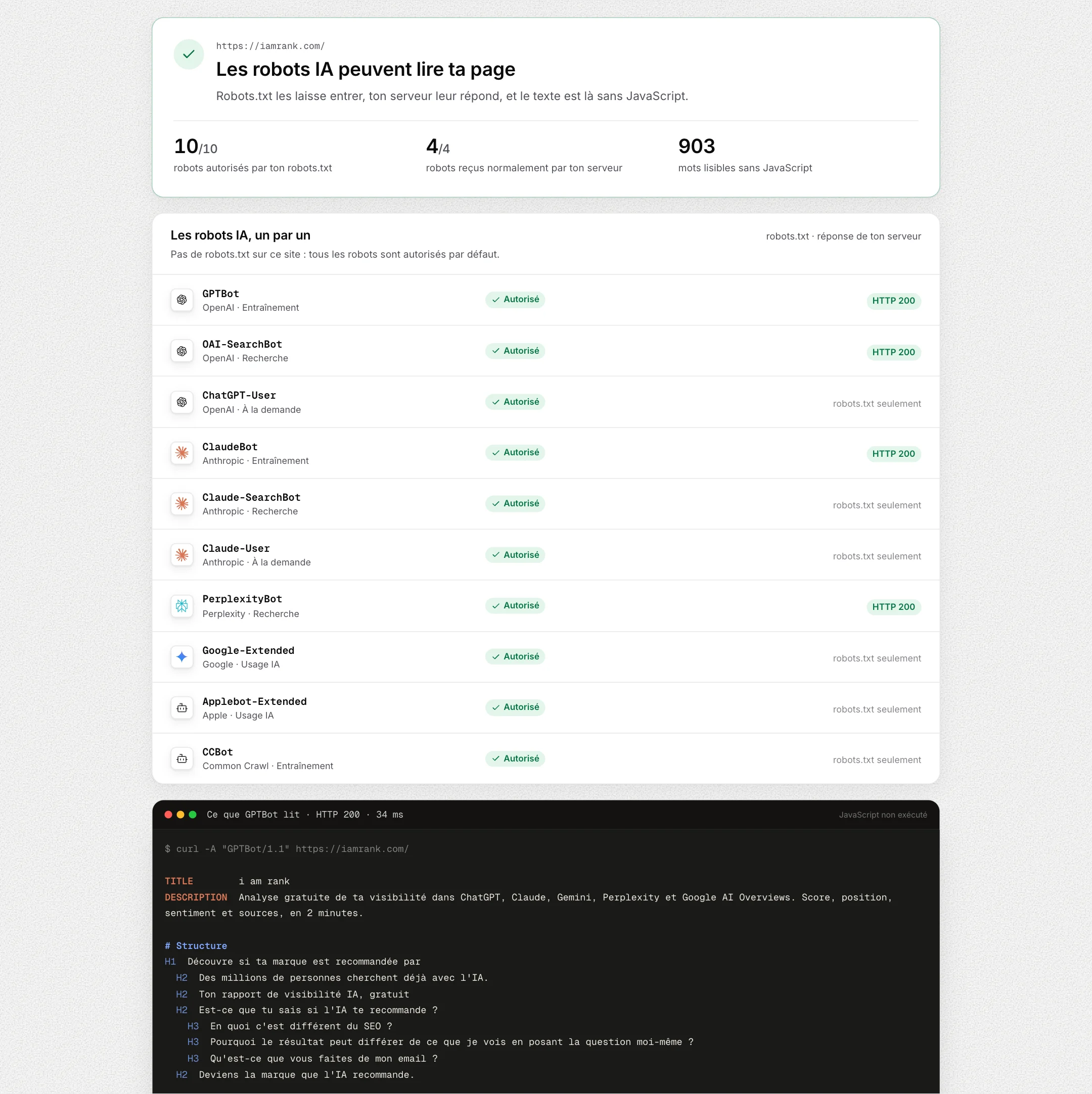 Capture du simulateur de crawler IA d'i am rank montrant ce que GPTBot reçoit d'une page, avec le verdict et les signaux.