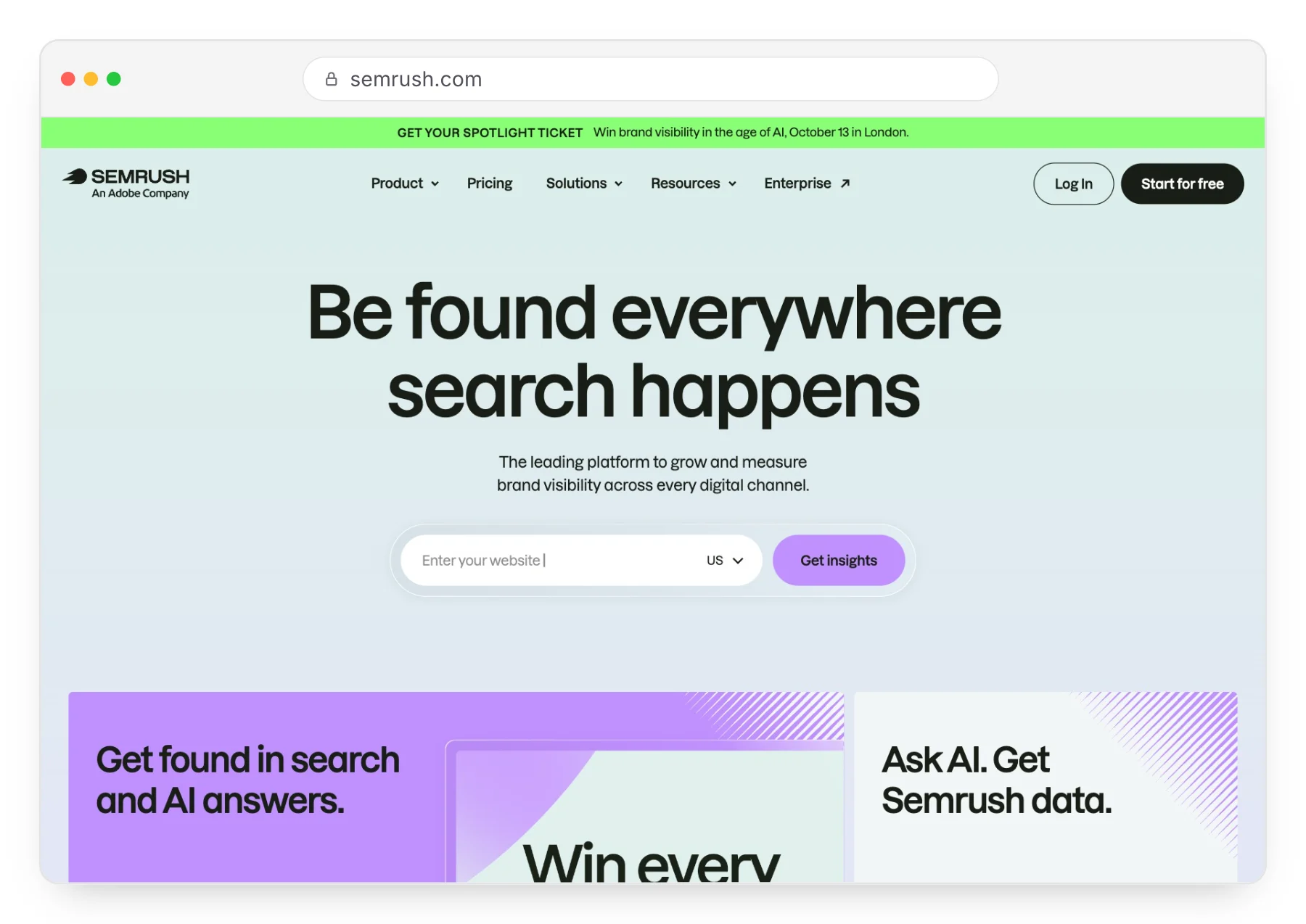 Capture de la page d'accueil de Semrush.