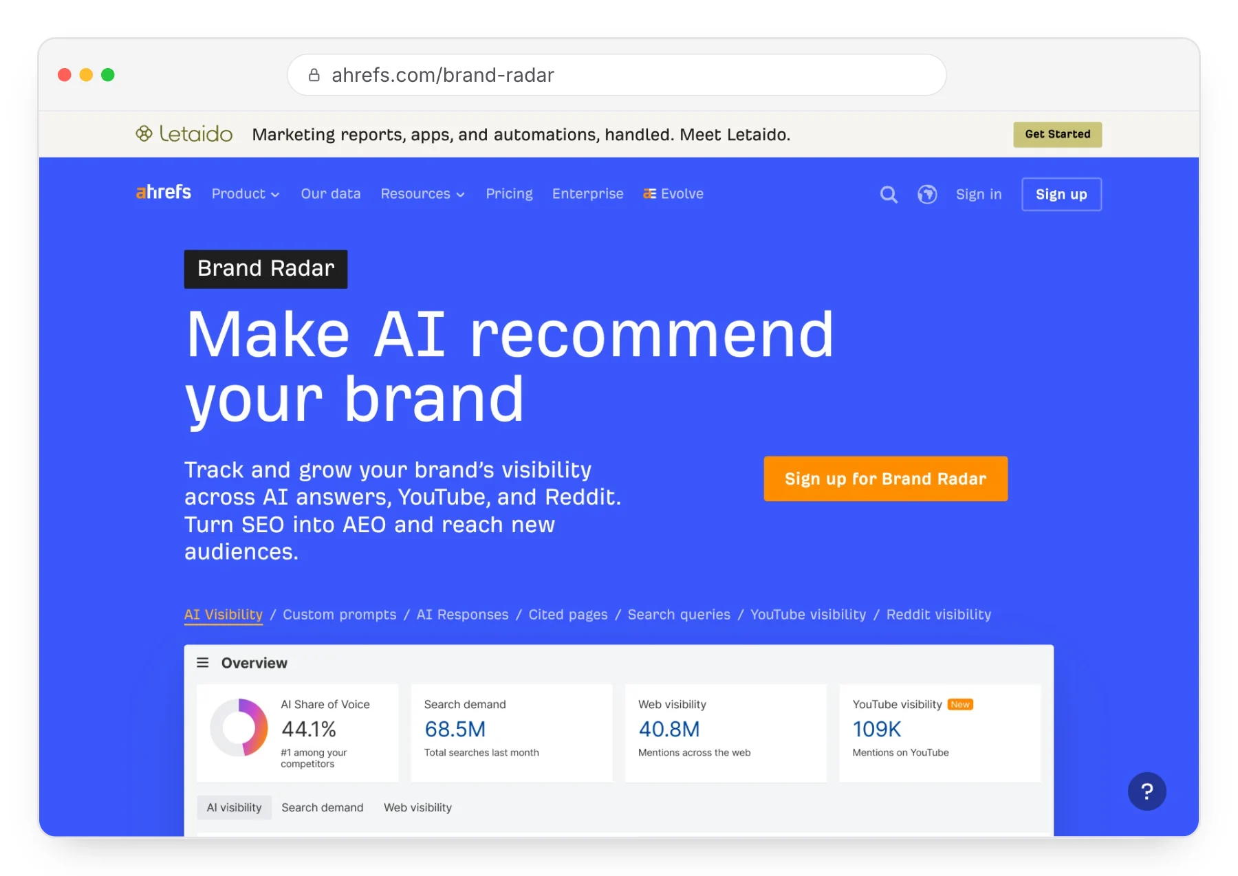 Capture de la page de Brand Radar d'Ahrefs.