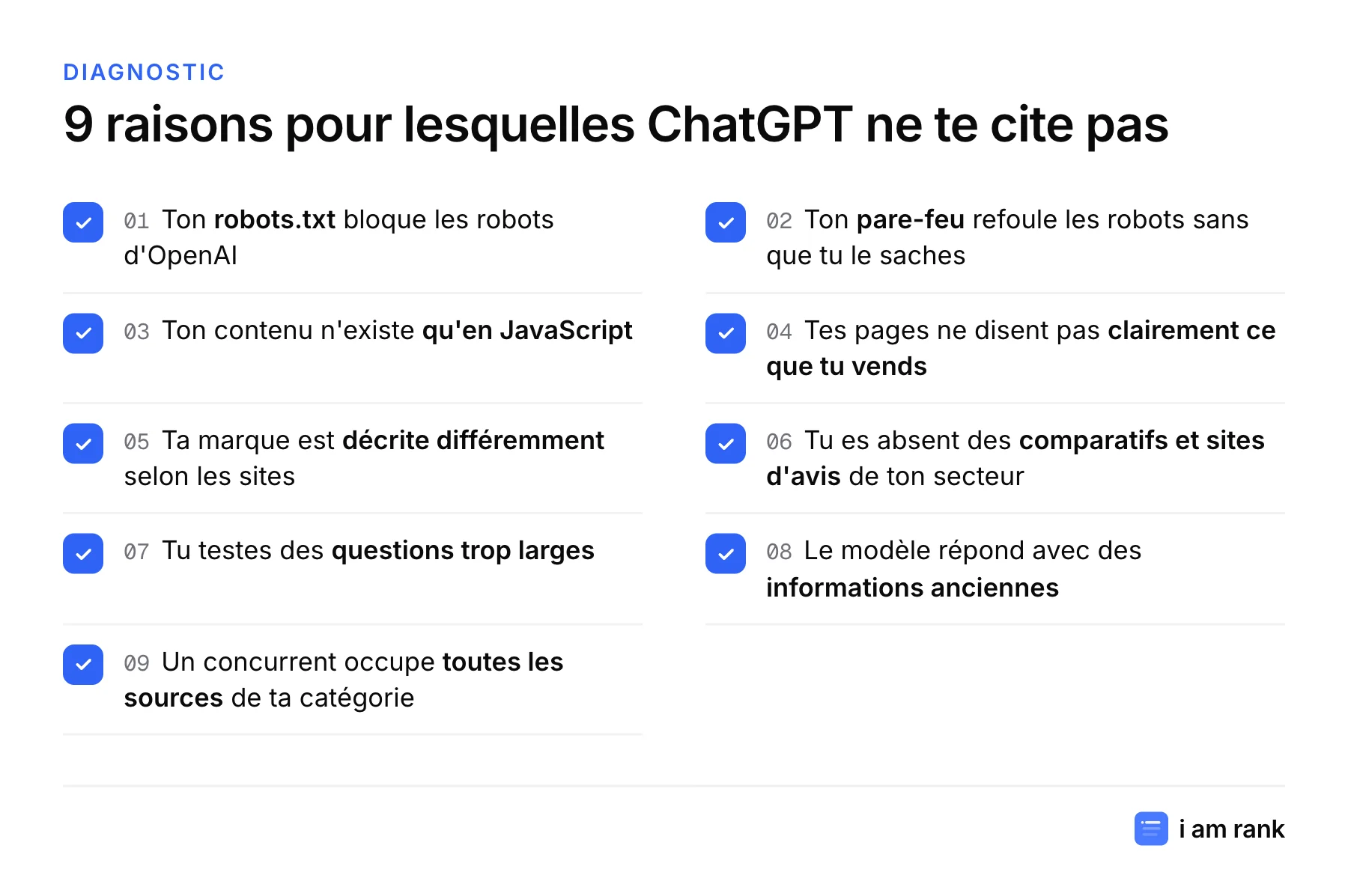Liste des 9 causes pour lesquelles ChatGPT ne cite pas une marque.