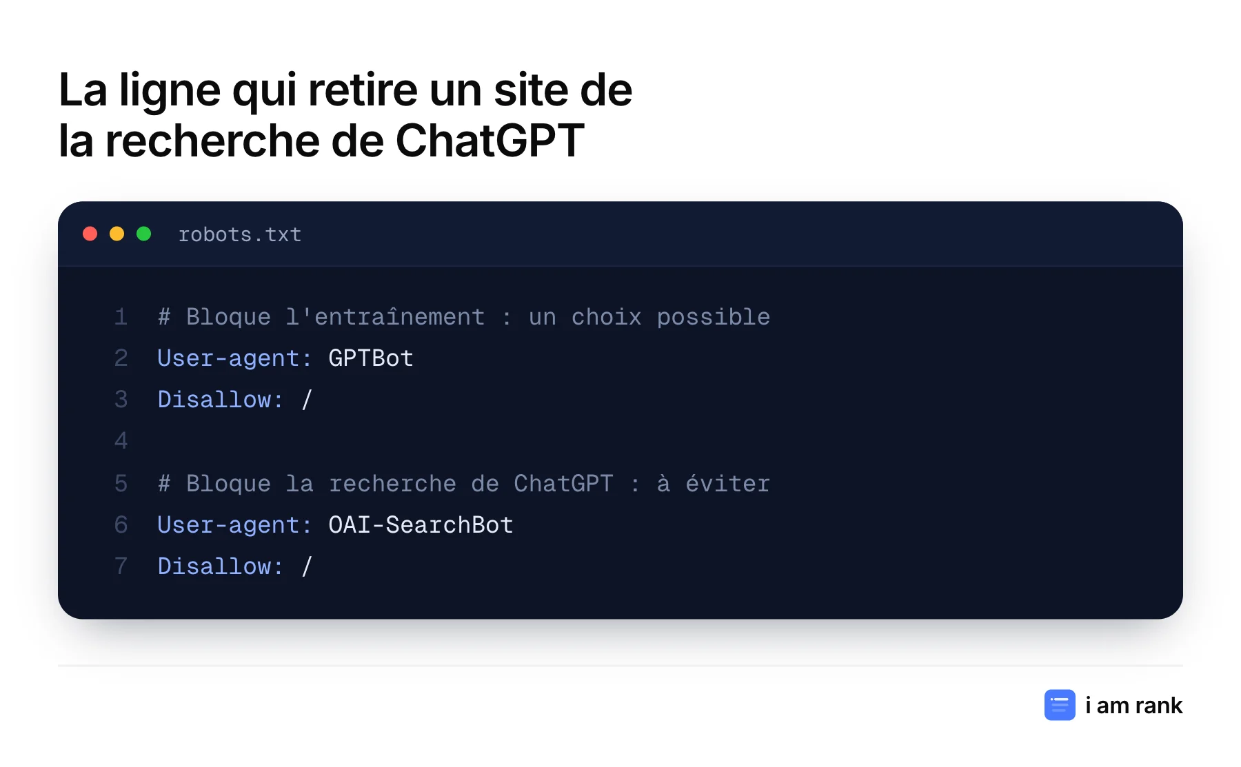 Extrait de robots.txt qui bloque GPTBot et OAI-SearchBot.