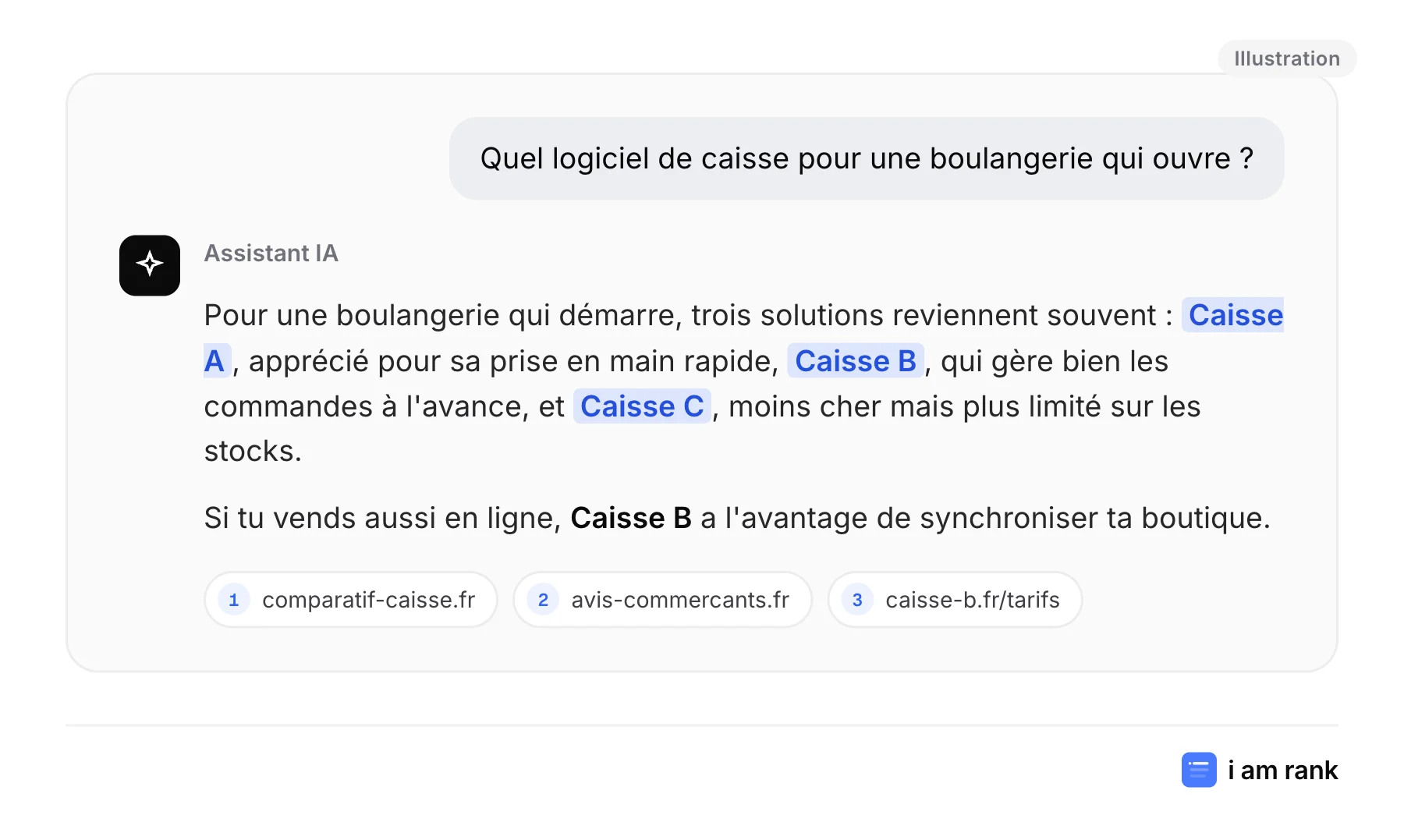 Illustration d'une réponse d'IA qui recommande trois logiciels de caisse en s'appuyant sur un comparatif, un site d'avis et une page tarifs.