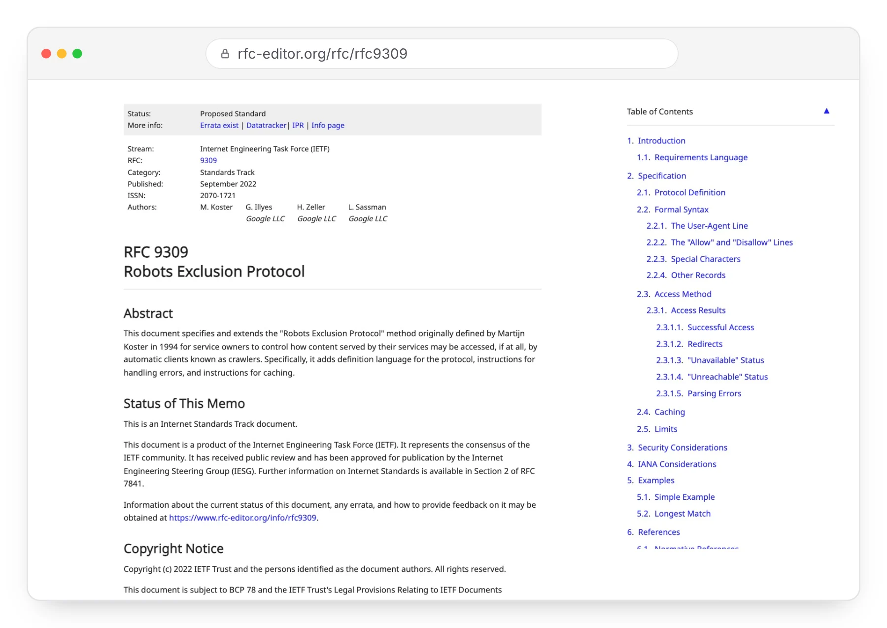 Capture de la RFC 9309, le standard du Robots Exclusion Protocol publié par l'IETF.