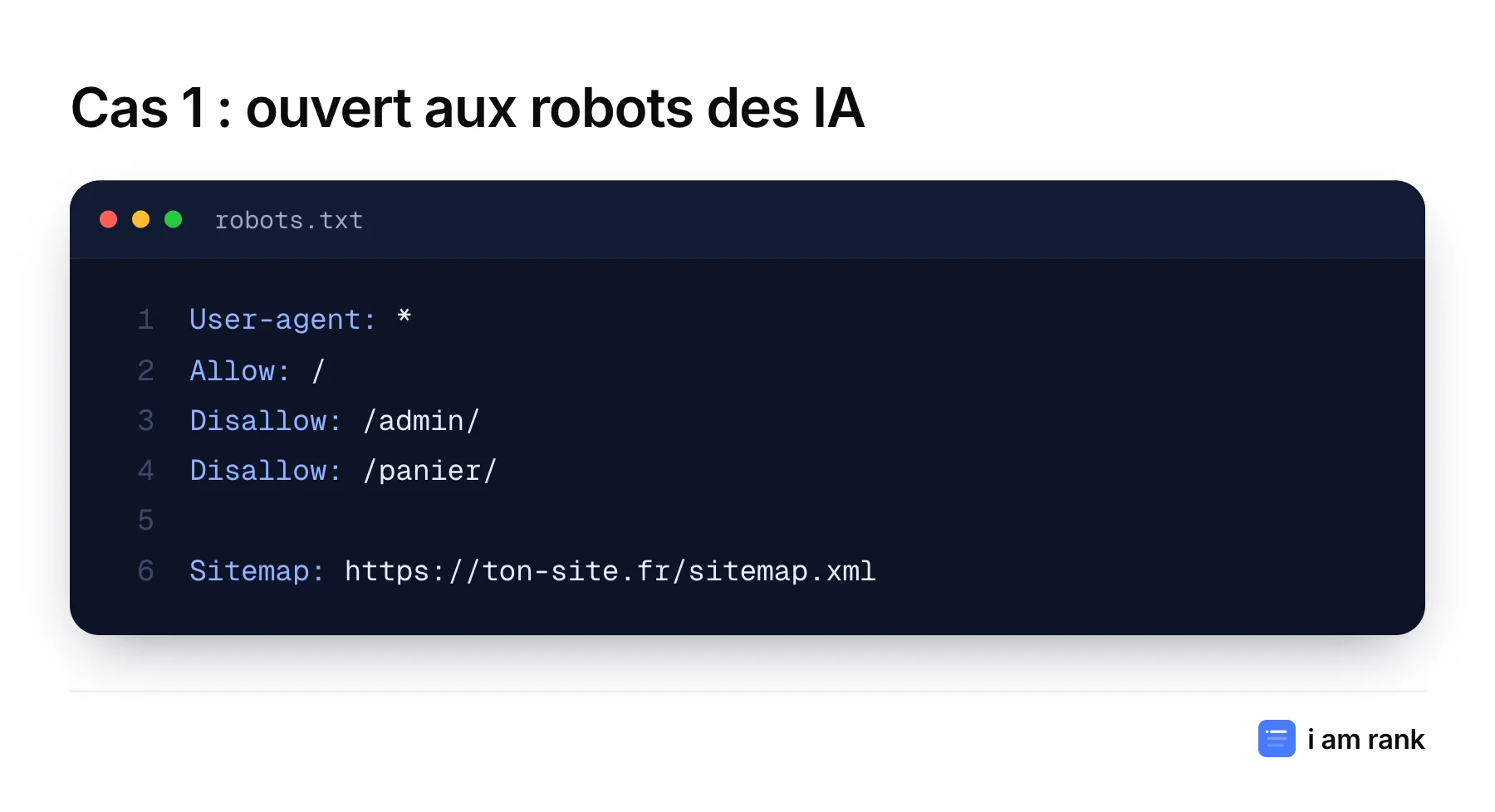 robots.txt ouvert à tous les robots, sauf les pages d'administration et de panier.