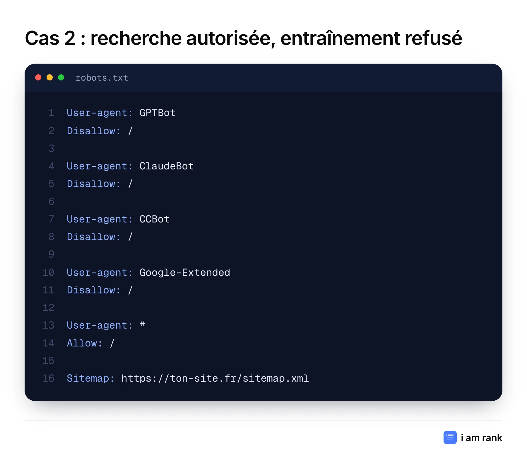 robots.txt qui bloque les robots d'entraînement GPTBot, ClaudeBot, CCBot et Google-Extended, et autorise les autres.