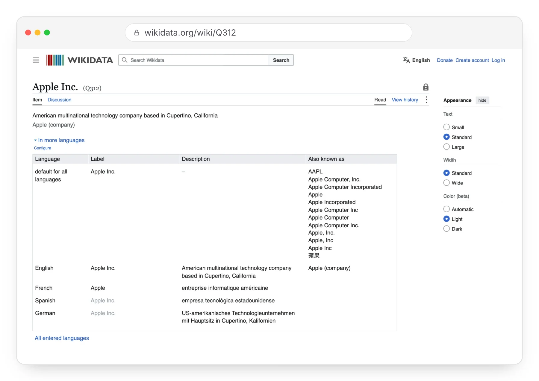 Capture de la fiche Wikidata d'Apple Inc., avec son nom, sa description et ses alias dans plusieurs langues.